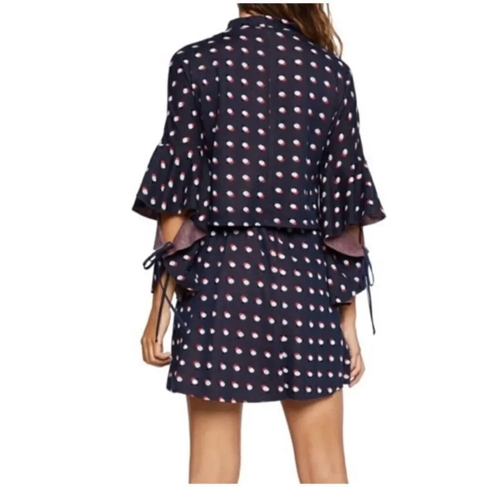 BCBGeneration Blue, Red & White Polka Dot Flutter Sleeves Mock Neck Crop Top